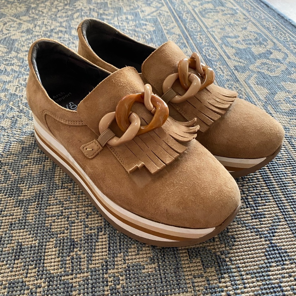 Softwaves Tan Suede Loafers with Fringe and Chain Detail